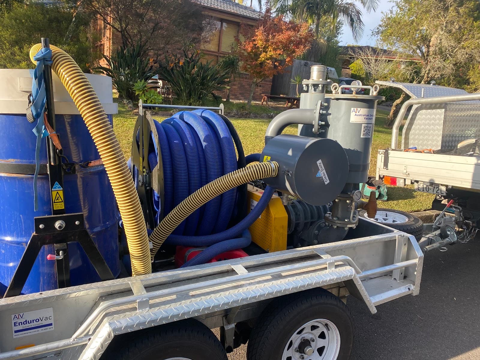 Cameron's gutter vacuum trailer, with the industrial vacuum unit and hose reels